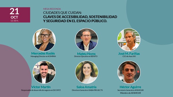 Cartel de la mesa redonda de MUNICIPALIA 2025 sobre accesibilidad, sostenibilidad y seguridad en el espacio público, con la participación de Héctor Aguirre, secretario general de AFAMOUR.